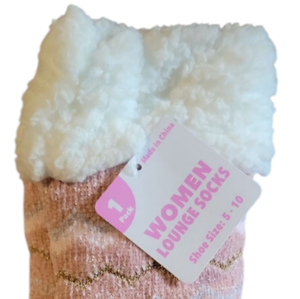 NWT Women Lounge High Socks Fleece Knit Gold Sparkle Pink No Slip Shoe Sz 5 - 10